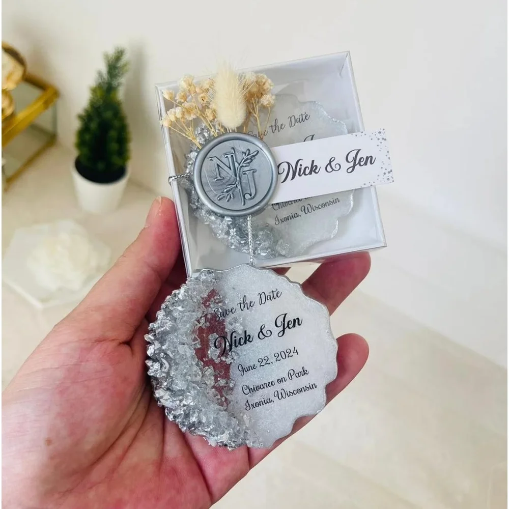 Personalized Wedding Silver Epoxy Magnet Favor – Custom Engagement, Nikkah, 25th & 50th Anniversary Keepsake, Save the Date Gift