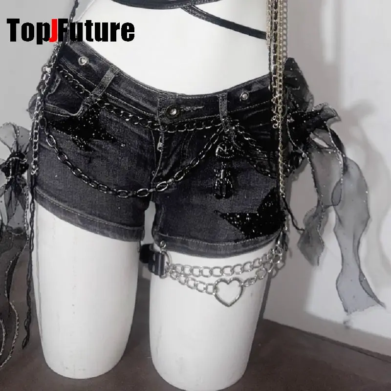 Gothic dark Dark Gothic y3k Future Ragged Iron Chain Strap Shorts Cowboy Hot Girl