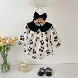 Romper e faixa de cabelo de manga comprida de bebê macacão de algodão feminino bodysuit flor preta roupas infantis, outono, novo, 2 pcs, 2023