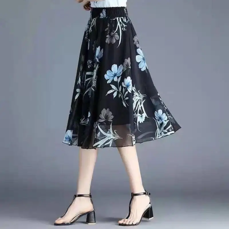 2024 Summer New Elastic Waistline High Waist Slim Chiffon Floral Skirts Mom Auntie Korean-style Mid-length Dancing Skirt Women