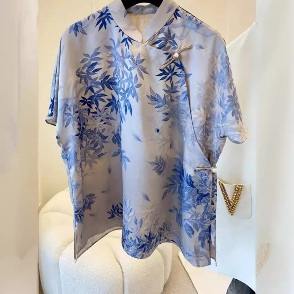 

Женская элегантная рубашка на пуговицах с принтом, элитный топ в китайском стиле в национальном стиле для летней модной одежды