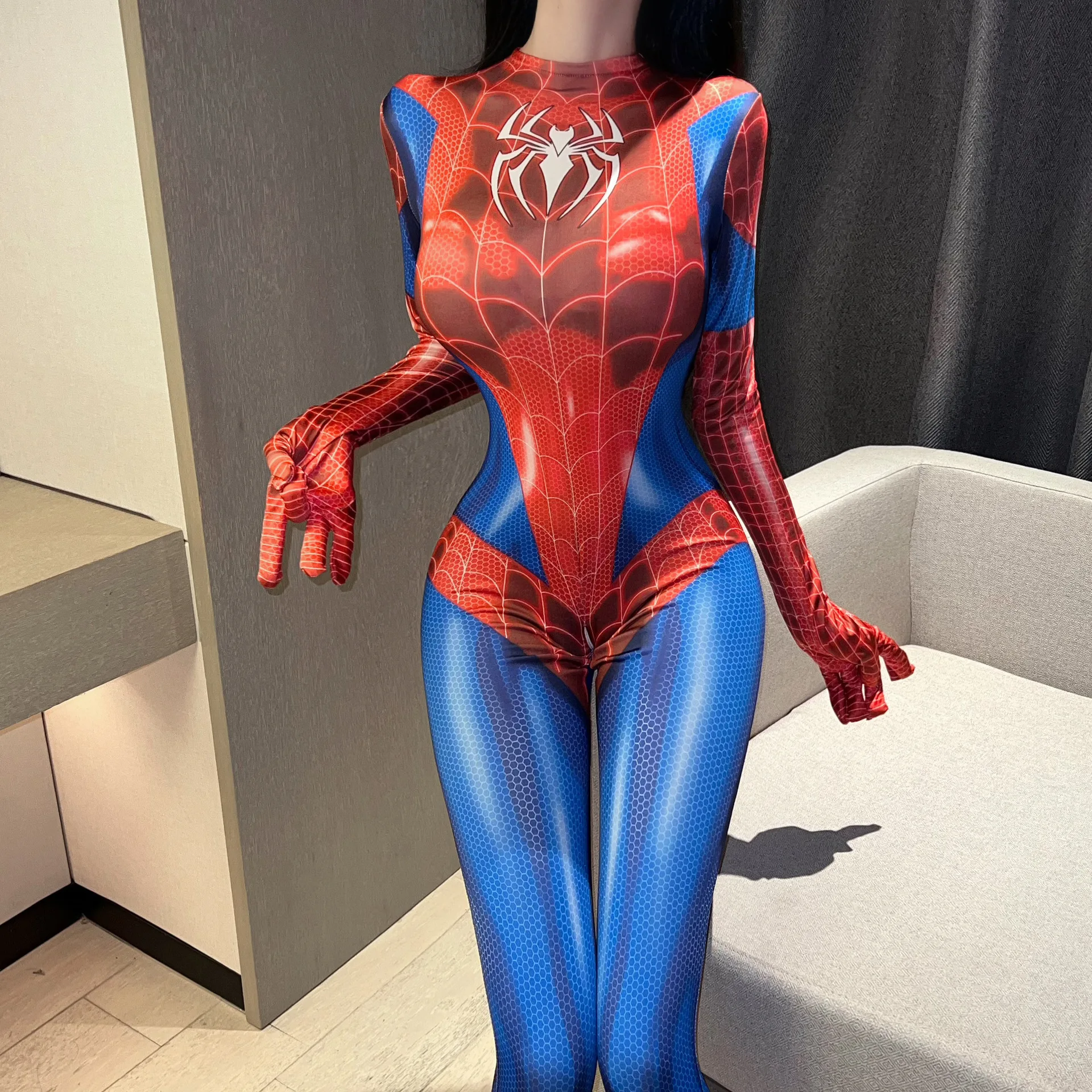 تأثيري العنكبوت مثير المثيرة الملابس الداخلية دعوى امرأة بذلة بطل Zentai زي الأزرق ارتداءها يتوهم الزي حزب فتاة ارتداءها البدلة