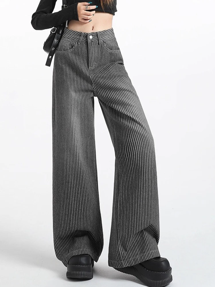 

Y2K Black Gray Striped Jeans Women Autumn Wide Leg Pear Shape Outfit Hanging Down Floor Length Straight Leg Pants Style