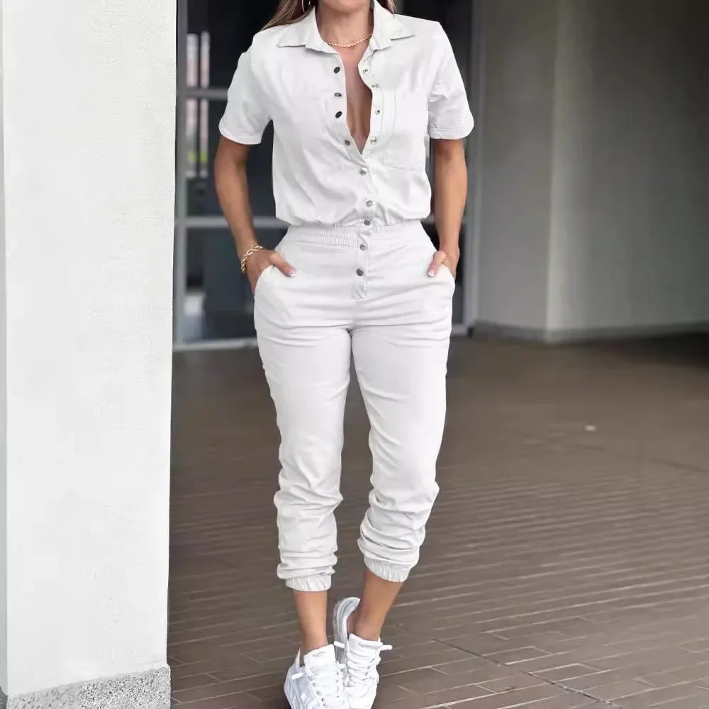 

Women's Jumpsuit Fashion Ankle Tied with A Lapel Pocket and Elastic Buttons At The Waist Short Sleeved Bodysuit Pant Summer 2025