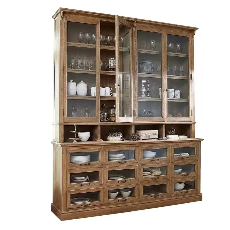American Country Light Luxury Villa Living Room Solid Wood Carving Arched Glass Door Wine Cabinet