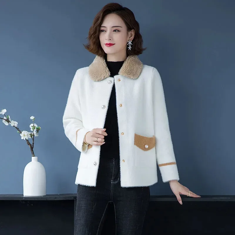 

Fashion Women Imitate Mink Fleece Woolen Coat 2024 Spring Autumn Winter Winter Jacket Woolen Collar Knitted Cardigan Top Female