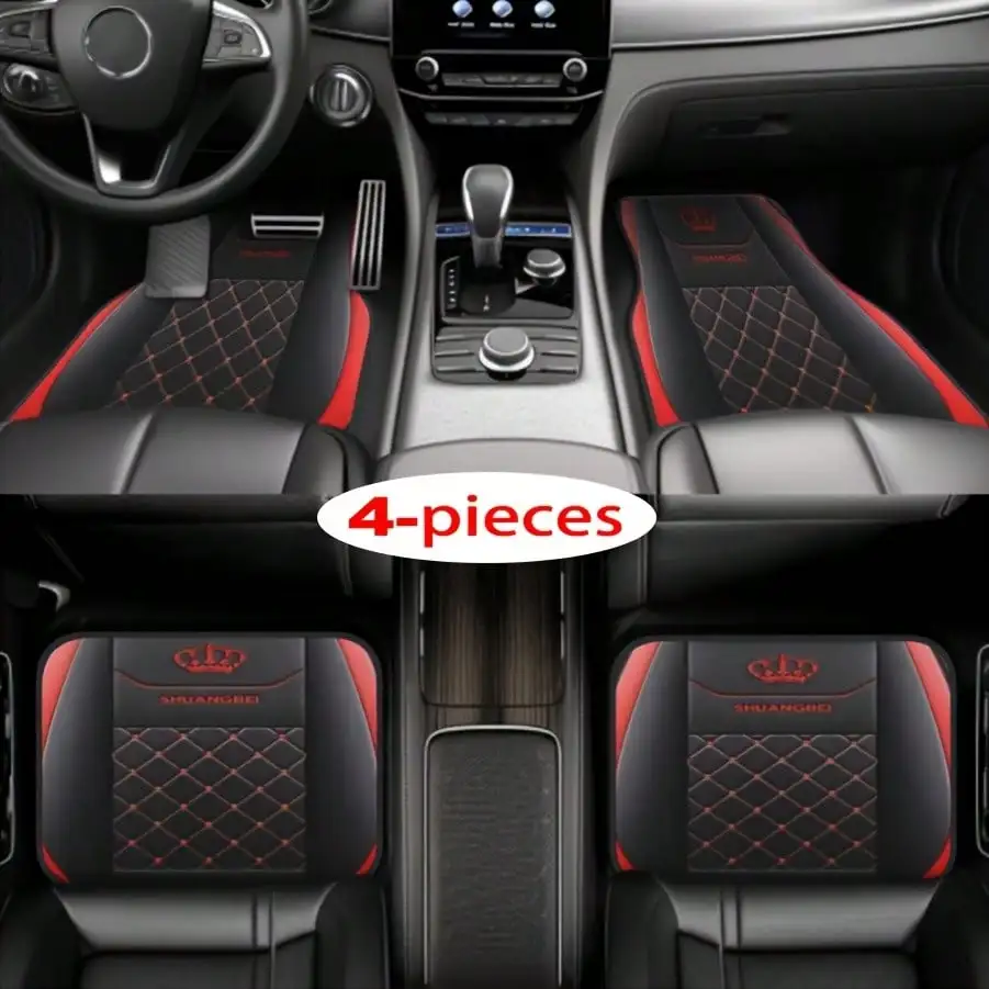 

4-Piece Red Grid Crown Car Carpet, Non-Slip, All-Season, Universal Fit