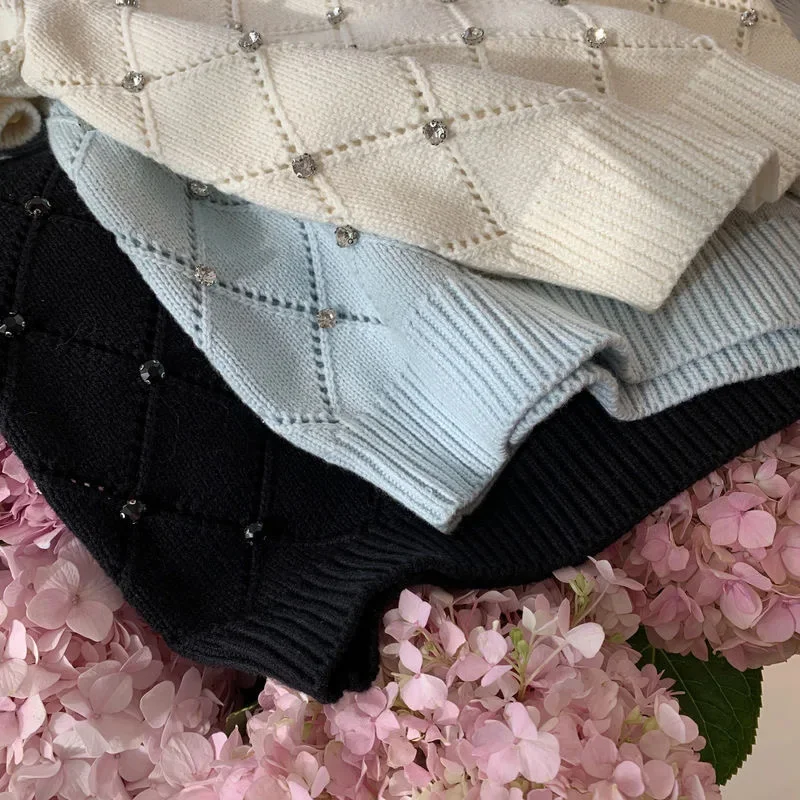 الماس ديكور محبوك سترة الكورية المرأة الصيف قصيرة الأكمام س الرقبة تريكو البلوز أنيقة أنيقة شيك لاعبا #4