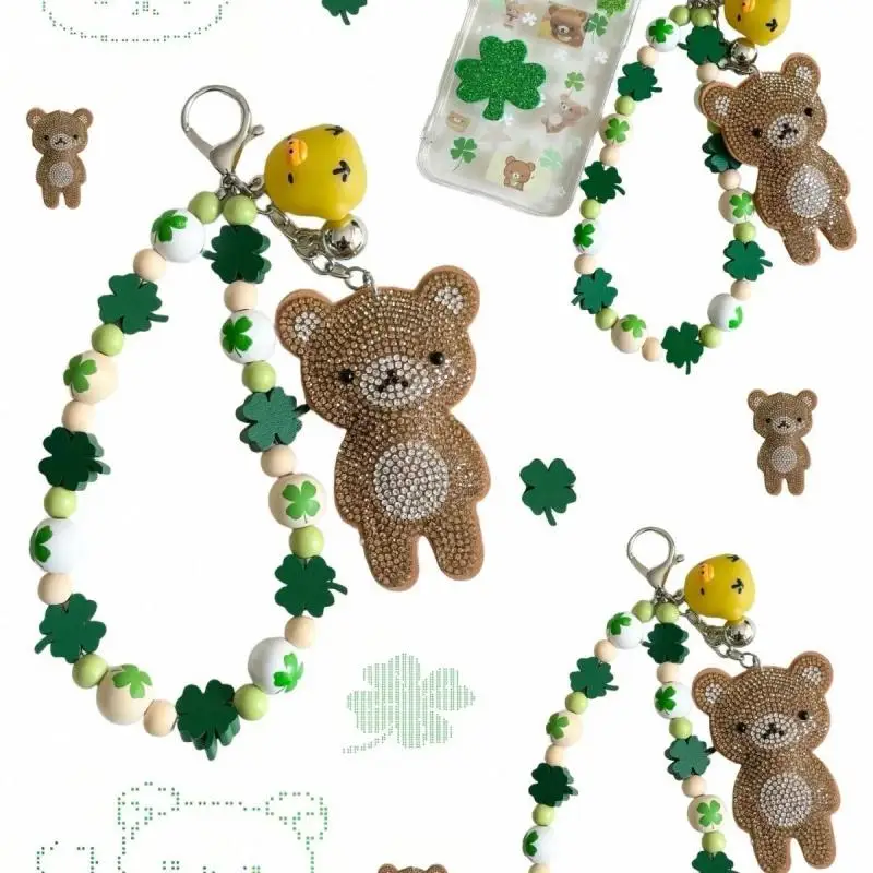 Kawaii Rilakkuma Keychain Cartoon Clover Pendant Full Diamond Little Bear Mobile Phone Chain Anime Peripheral Decoration Gifts ﻿