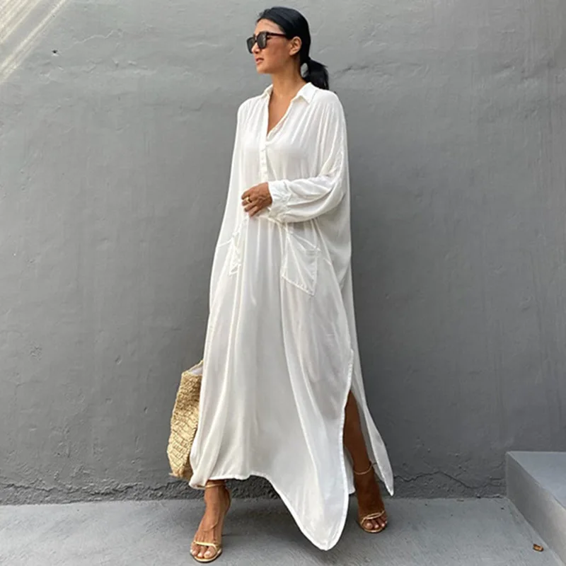 Beach Vacation Women's Swimsuits Cover Loose Pockets, Waist Cinching Long Dresses, Long Robes, Sun Protection Women's Beach Wear