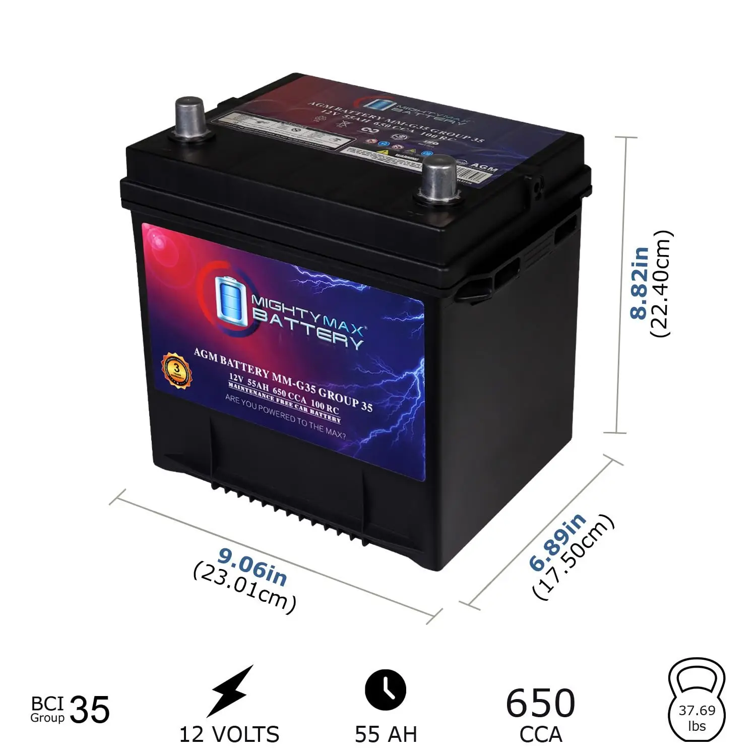 Group Size 35 12V 55Ah AGM Car Battery 650 CCA 100RC Replacement for Toyota Solara 3L 2002, Customized