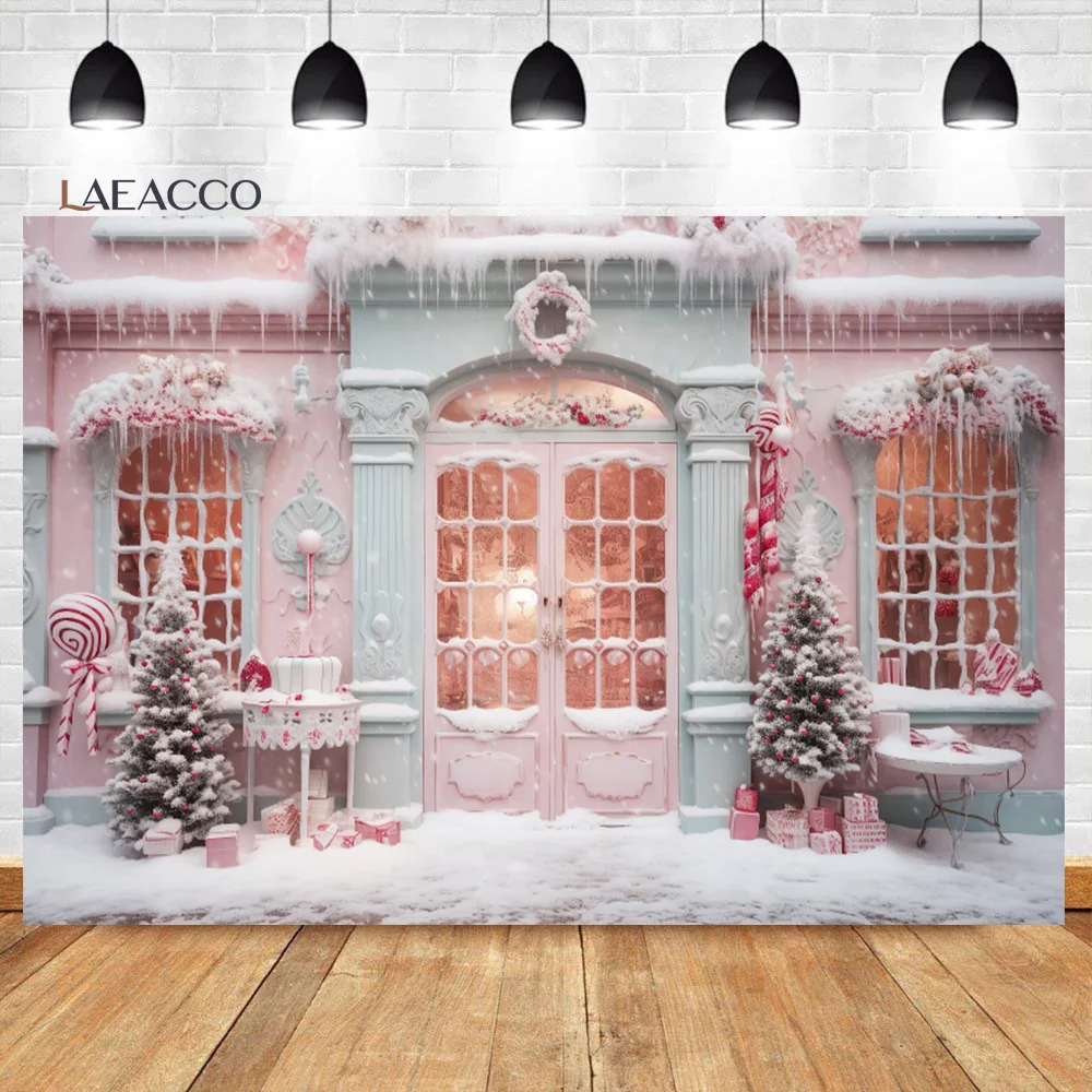 

Laeacco Pink Christmas Candy House Photography Background Winter Snow Xmas Pine Trees Kids Birthday Family Portrait Backdrop