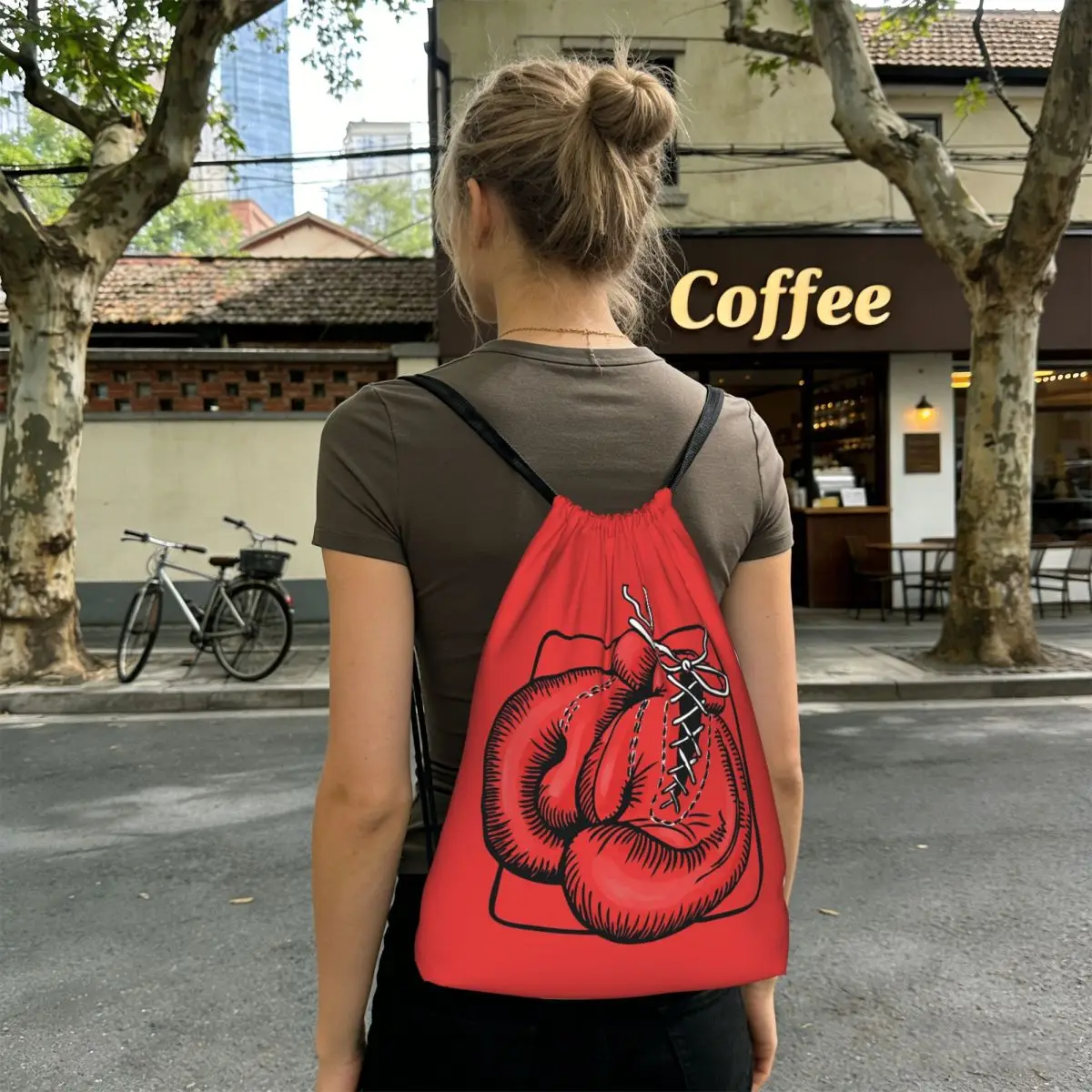 Red Boxing Gloves Backpacks Casual Drawstring Bundle Pocket Sports Bag Book Bags for Travel Students