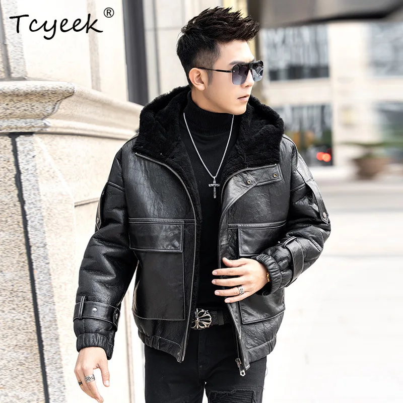 Tcyeek-Veste en cuir véritable pour homme, veste à capuche, peau de mouton naturelle, fourrure, vêtements d'hiver, 2025