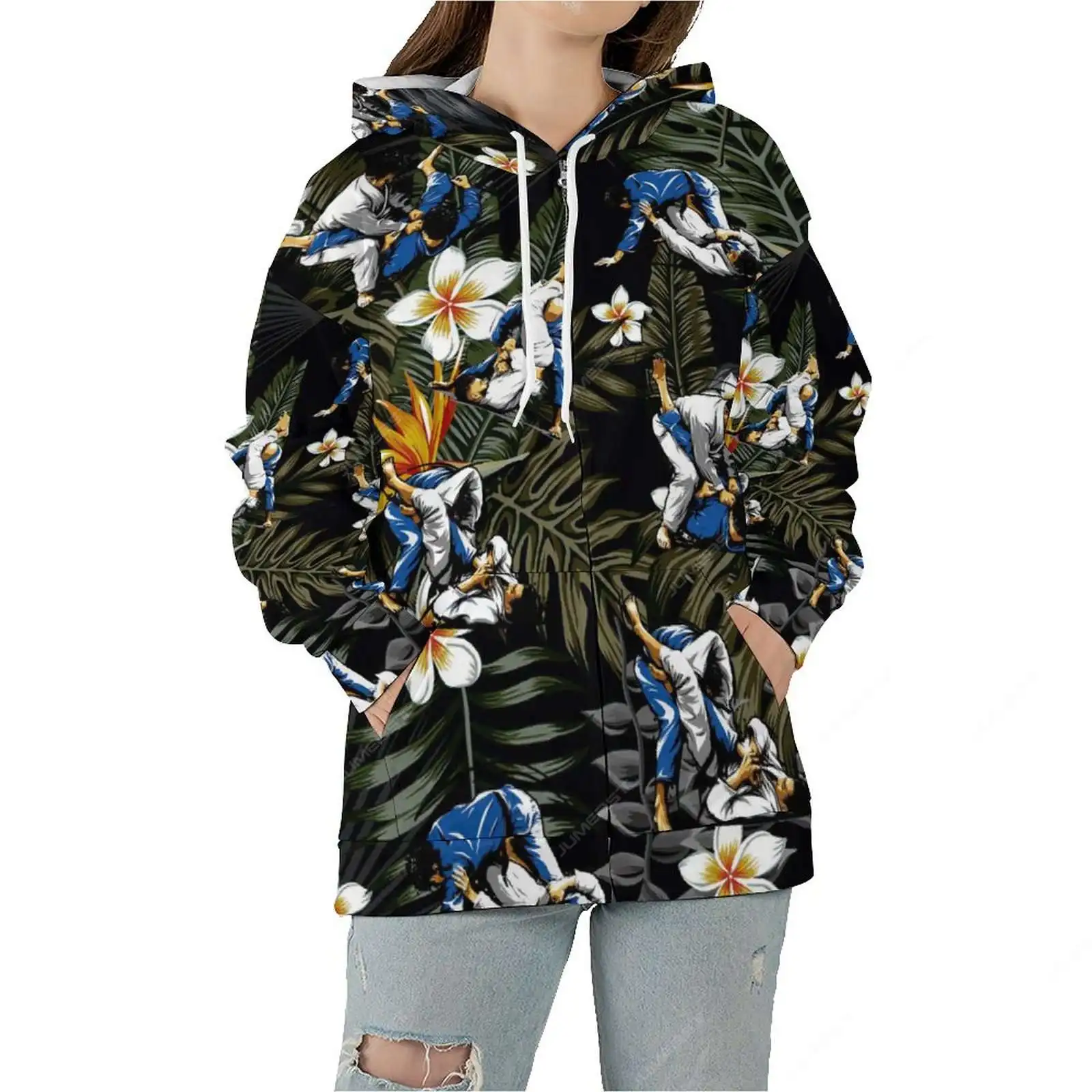 Jumeast Japanese Judo Men Zipper Hoodies Palm Leaves Flower Women Hooded Sweatshirts Jujitsu Fashion Streetwear Vintage Clothes