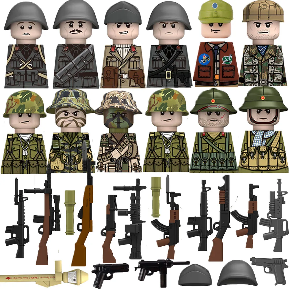 

Строительные блоки времен Второй мировой войны, американские британские советские солдаты, аксессуары для военных блоков, мини-кирпичные пистолеты, шлемы, детский подарок, игрушка, 12 шт.