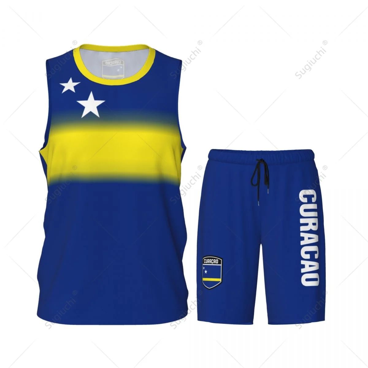 Men Curacao Flag Basketball Jersey Set Mesh Shirt & Pants Sleeveless Exclusive Team-up Custom Name Nunber Unisex