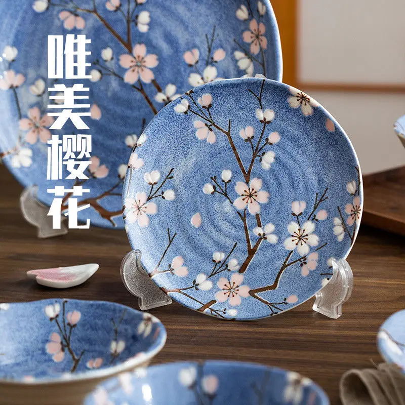 

Blue cherry blossom ceramic bowls, plates, dishes, Japanese-style tableware, household rice bowl, large bowl of noodles frutero