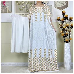 New Muslim 2 Pieces Sets Abaya Short Sleeve Embroidery Printing Women Loose Maxi Robe African Dress With Big Scarf Casual Abaya