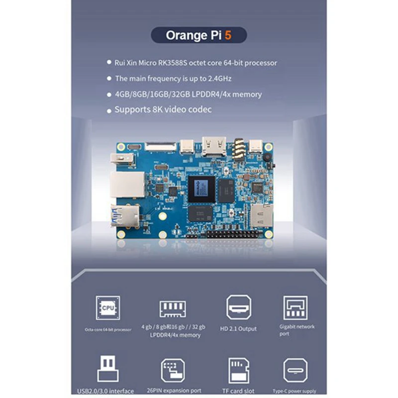 Development Board For Orange Pi 5 4GB Linux RAM LPDDR4/4X 8K RK3588S Octa-Core 64-Bit Processor Support Orangepi OS