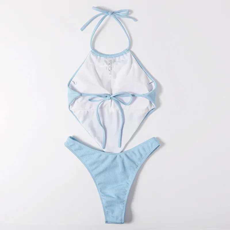 

light blue Halter Bandana Bikinis Sets micro Thong sexy Swimsuit Women Swimwear Backless high cut Bathing Suit Bikini 2025 Mujer
