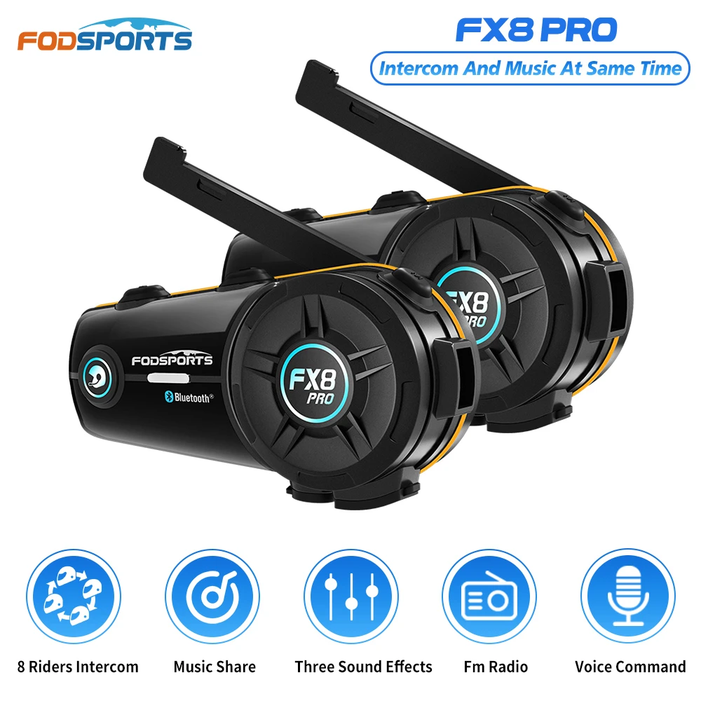 2pcs Fodsports FX8 Pro Motorcycle Helmet Intercom Headset 8 Rider Bluetooth 5.0 Interphone,Background Sound,FM Radio,Music Share
