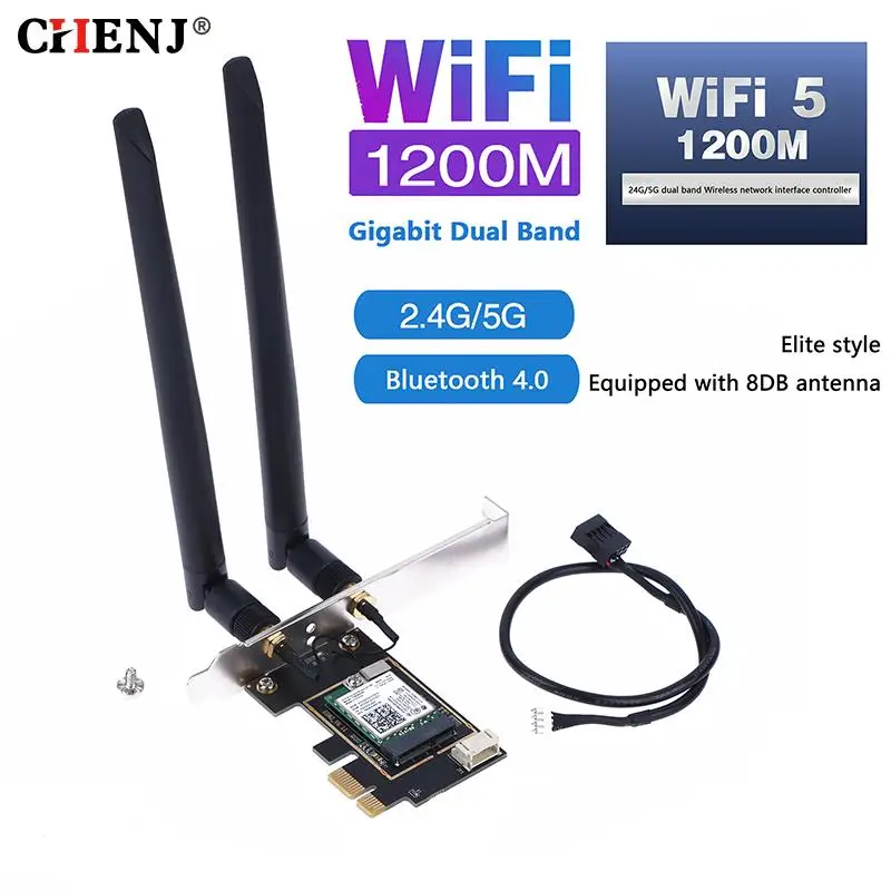 

WiFi 5 PCI-E Wireless Adapter AC1200 Network Card Dual Band 2.4G/5GHz 802.11AC For Bluetooth 4.0 Desktop ForWindows 7/8/10/11