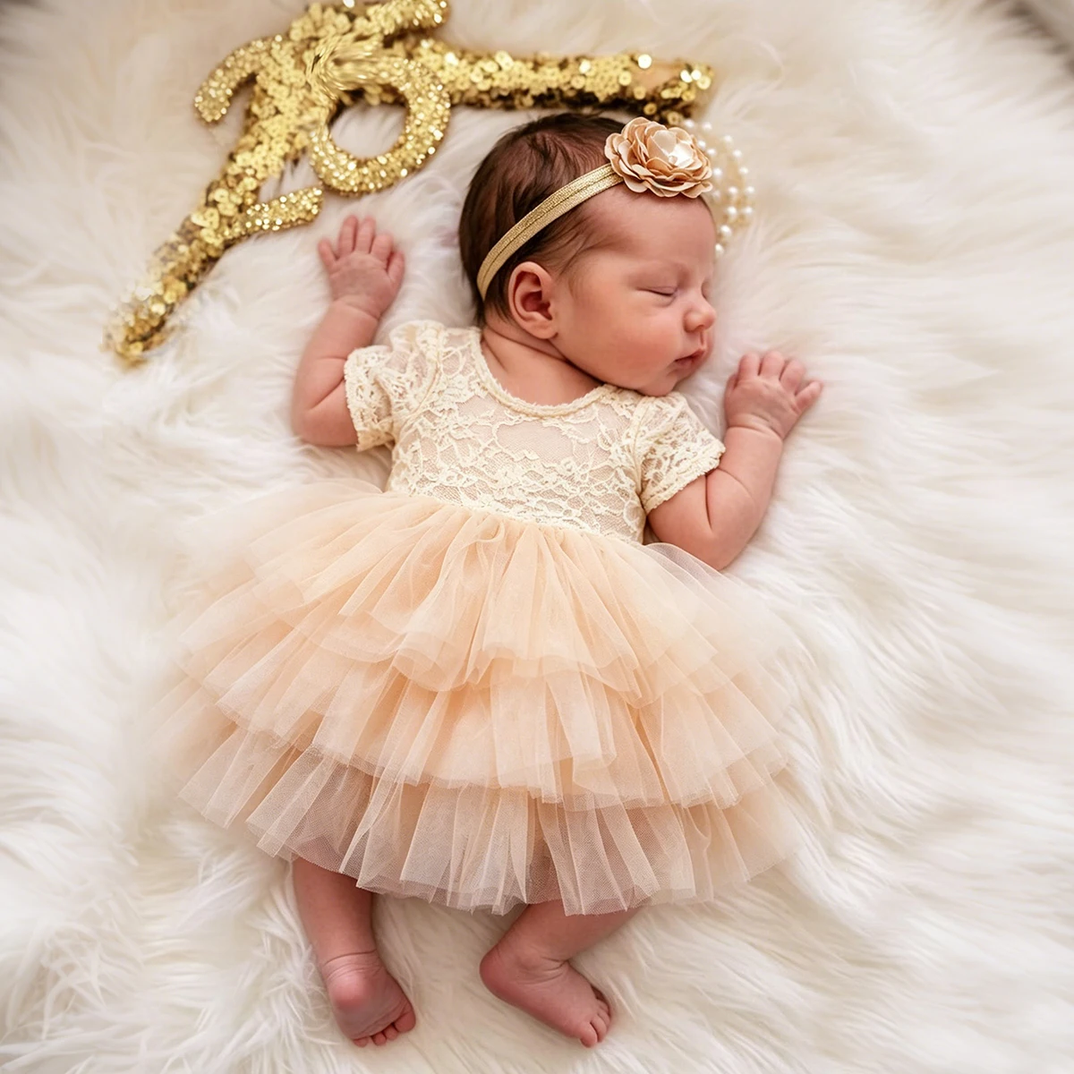 Ylsteed Newborn Summer New Photography Outfits Baby Girls Sweet Princess Dress with Flower Shaggy Gauze Dress Birthday Party-HD
