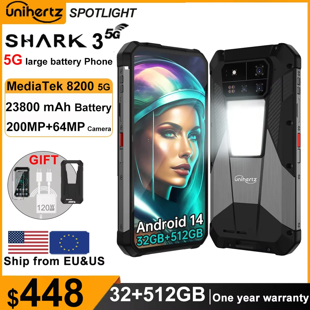 Unihertz SHARK 3 by 8849 Smartphone Android 14 32GB 512GB Dimensity 8300 3K AMOLED Screen 11600mAh Night Camera 5G Rugged Phone