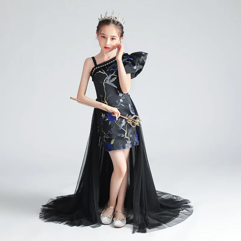 Girls Evening Dress One Shoulder Ruffled Embroidery Gown High Low Hem Tulle Train Formal Party Dress Kids Pageant Costume