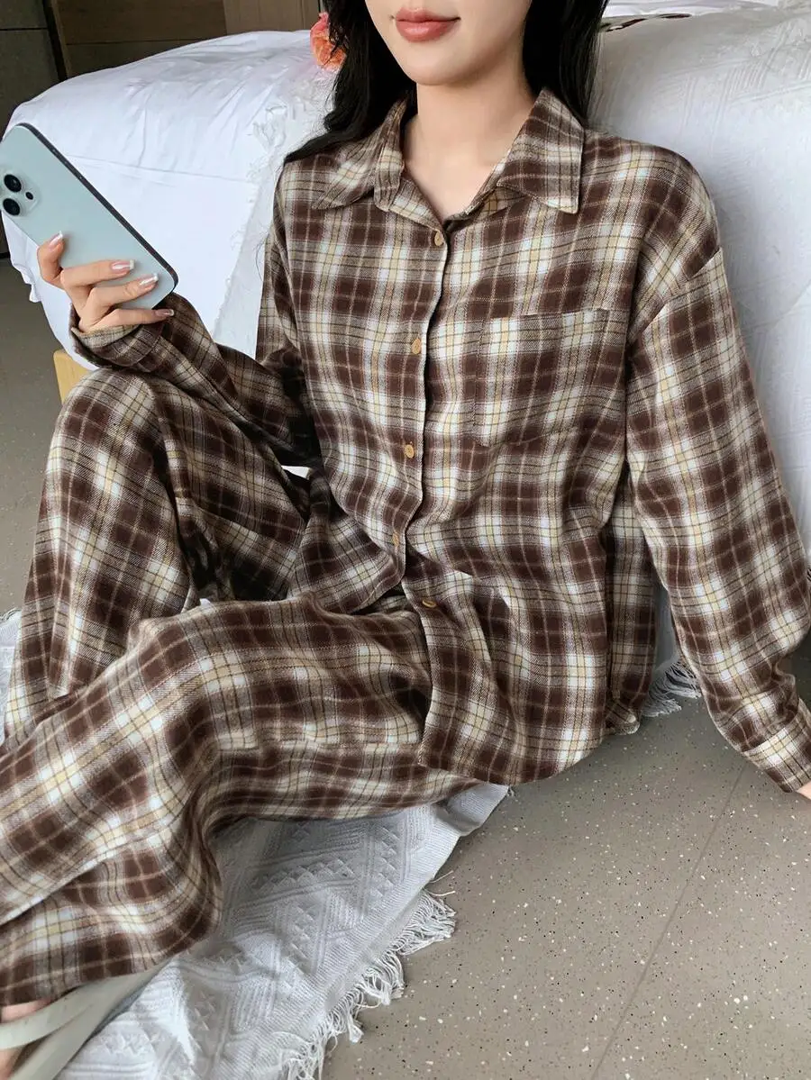 

Womens Plaid Pajama Set Loose Fit Flannel Sleepwear For Autumn Winter