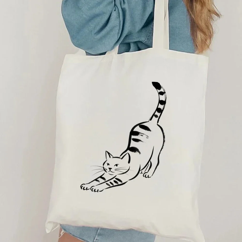 1pc Minimalist Stretching Cat Canvas Tote Bag Casual Shoulder Bag Line Art Cat Graphic Reusable Grocery Handbag for Daily use
