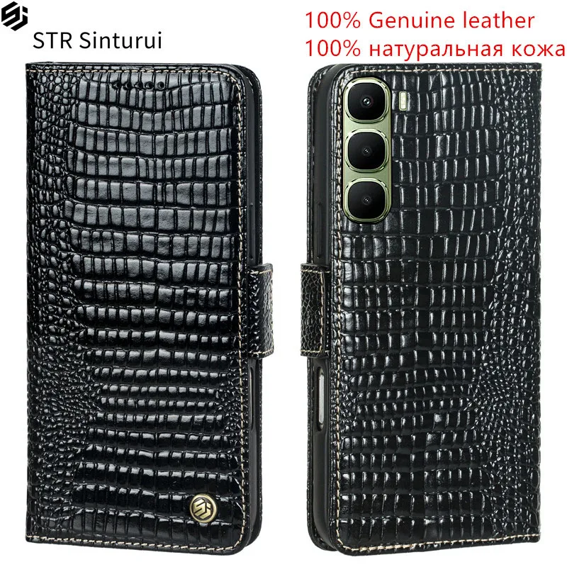 

STR 100% Genuine leather lizard grain card Slot Wallet Cover For Infinix Hot 60 50 12 Pro Pro+ 40i 4G 5G 30i 20i Flip phone Case