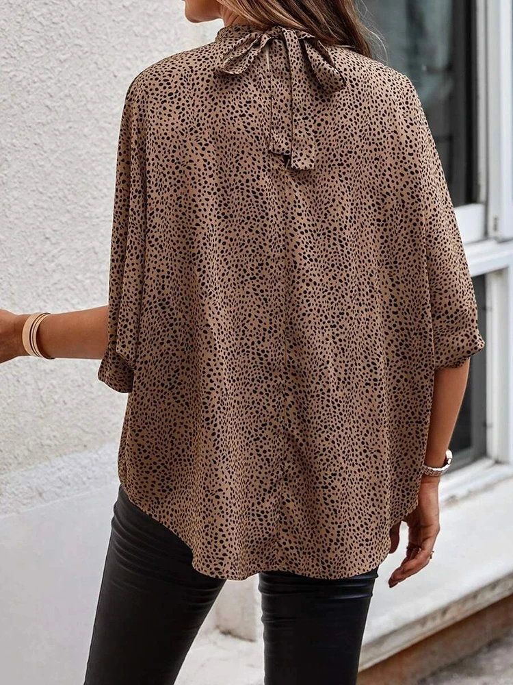 2023 Spring Summer Elegant Women\'s Blouse Fashion Batwing Sleeve Lace-up Print Shirts Casual Loose Top Office Lady Blouses Tops