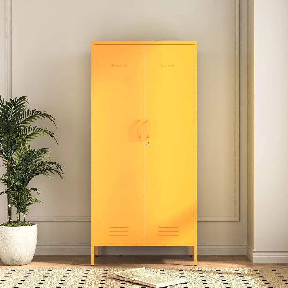 

2 Door Wardrobe 67 Inch Yellow Metal Storage Cabinet with Hanging Rod,Office Double Door Locking Metal Adjustable Shelf Wardrobe