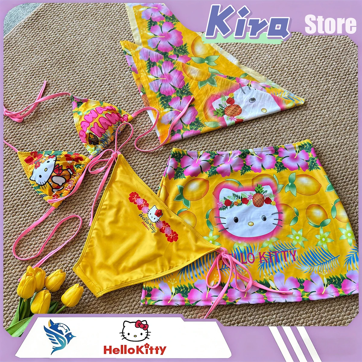 

HELLO KITTY new Cute sexy girl Summer Bikini Four-piece Seaside Fashion Vacation Hawaiian Swimsuits Loveliness Bathing Suit Girl