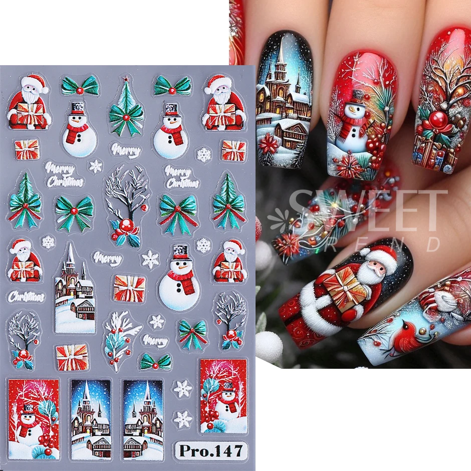 2/4 pezzi in rilievo Natale Babbo Natale adesivi per unghie carino pupazzo di neve maglione alce orso agrifoglio decalcomanie per unghie vacanza manicure decorazione