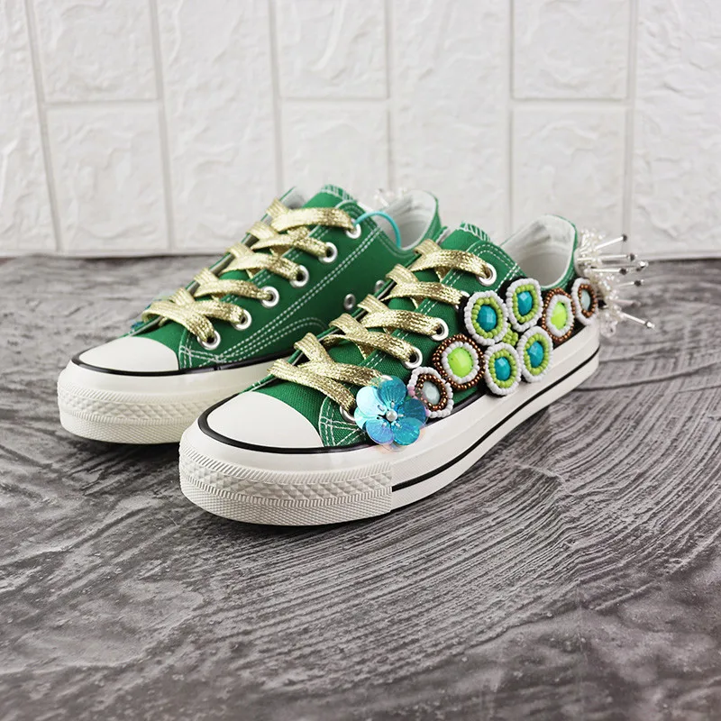 Europe Station Spring/Summer Heavy Industry Canvas Shoes Green Women Rhinestone Casual Shoes Women Sneaker Hand-made