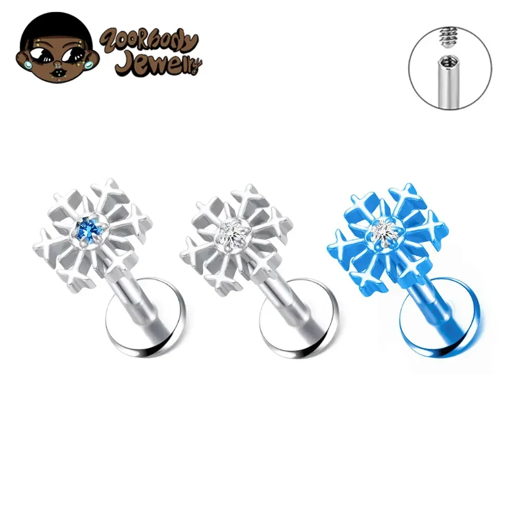 ASTM F136 Titanium 16G Snowflake Flower Conch Helix Tragus Cartilage Stud Earring Monroe Labret Lip Piercing Titanium Anodized