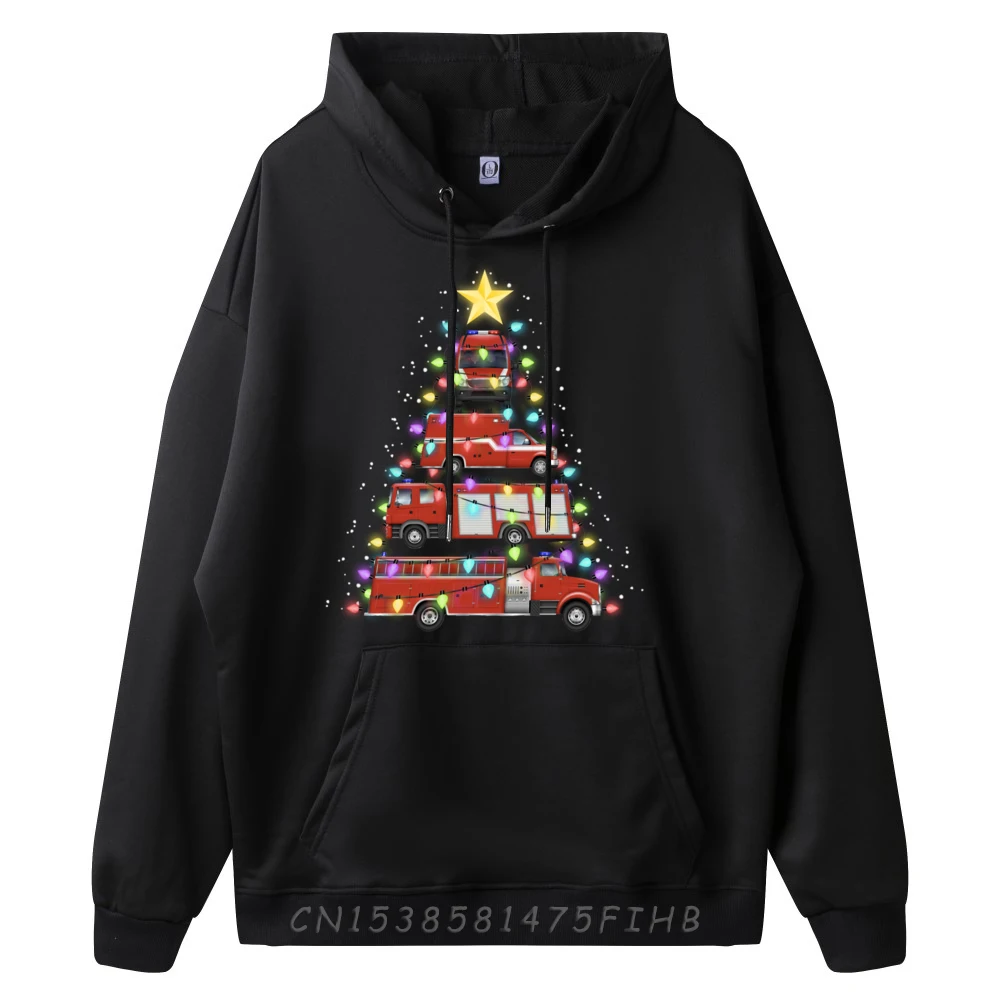 Firefighter Fire Truck Christmas Tree Santa Xmas Light Hoodies Men 100℅ Polyester Fiber Tops Figures