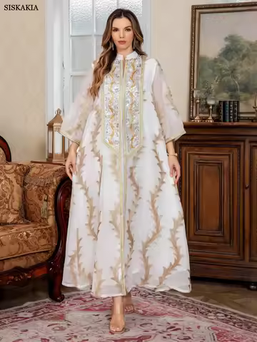 Siskakia Muslim Luxury Woman Evening Dress Dubai Sequins Maxi Abaya Two Pieces Kaftans 2025
