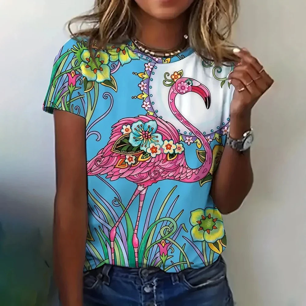 2024 Summer Women 3D Pink Flamingo Print T-Shirt Fashion Trend Tops Tees Ladies Casual Stylish Short Sleeve Clothing Streetwear