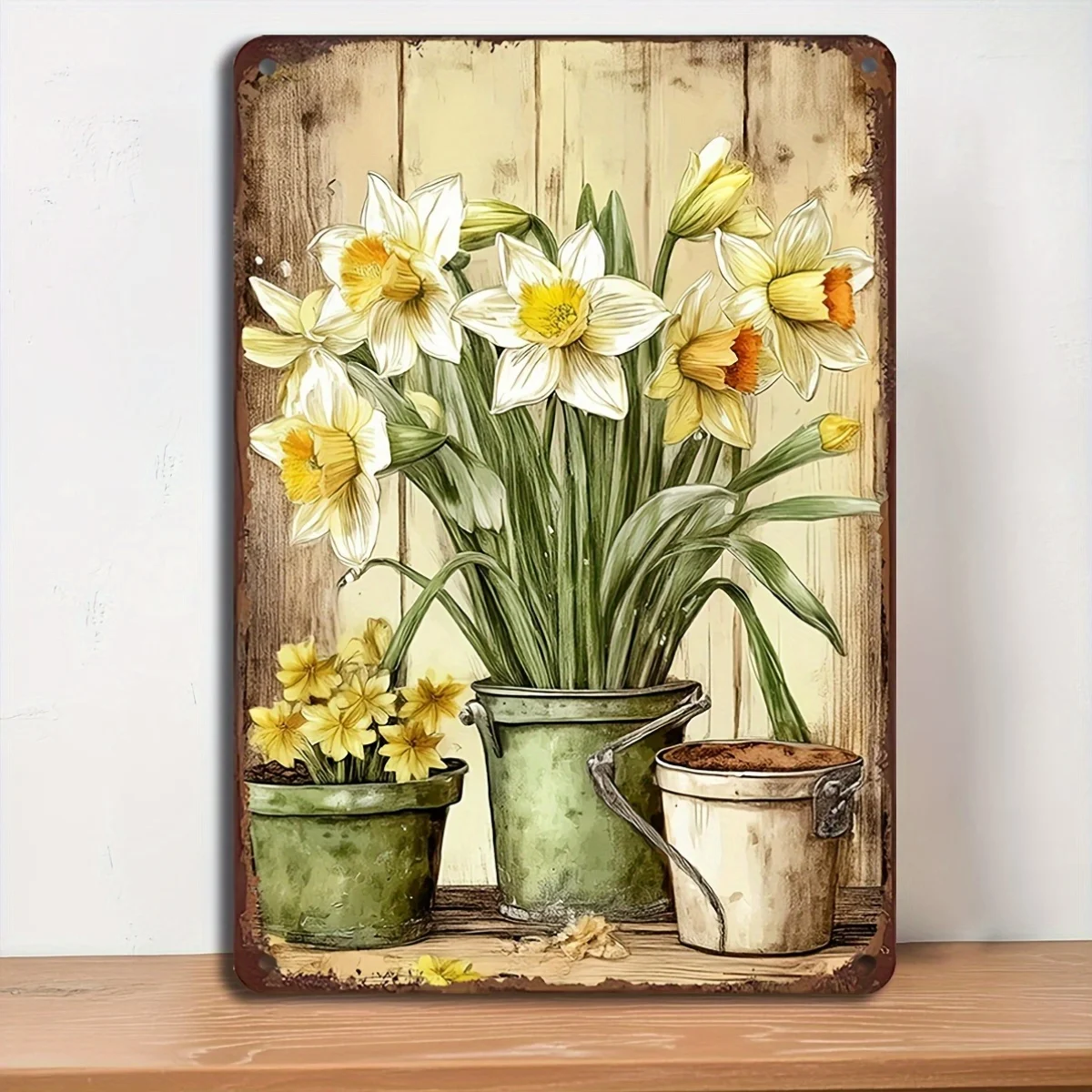 1pc Vintage Daffodil Watercolor Iron Wall Art Sign - Rustic Floral Decor with Aged Wooden Background, 12X8 Inch (30X20Cm) Wal