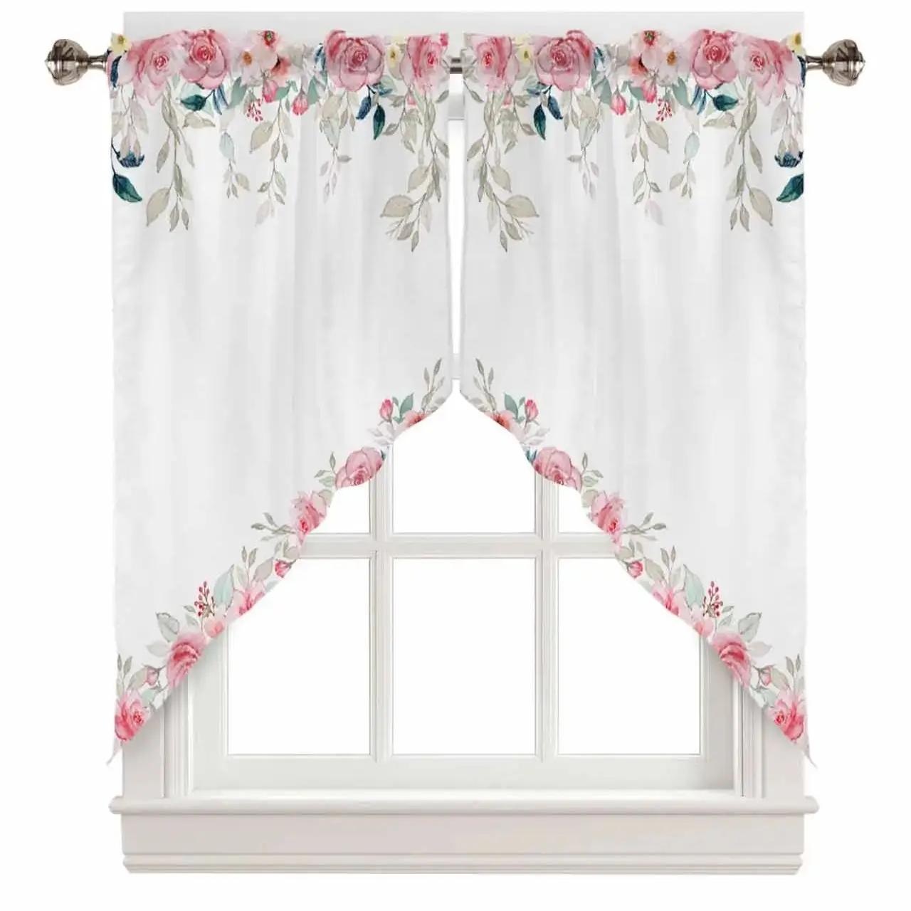 Watercolor Rose Floral with Leaves Rod Pocket Kitchen Valance Curtains Scalloped Swag Curtains for Living Room Bathroom Window