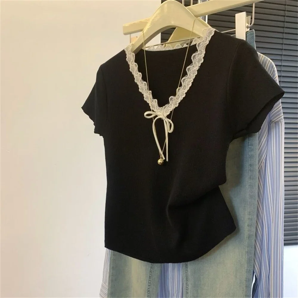 

Женские свободные кружевные футболки с v-образным вырезом, футболка из ледяного шелка с короткими рукавами, женские летние модные топы, футболки большого размера в корейском стиле