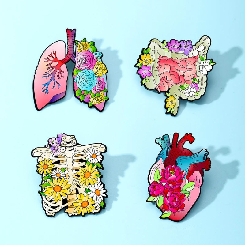 Creative Flower Heart Lung Intestine Stomach Skeleton Shape Metal Brooch Pin Badge DIY Clothing Bags Scarf Hat Jeans Accessories