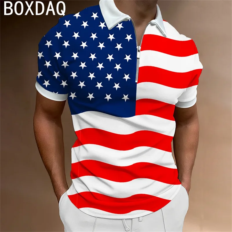 America Flag Graphic Printed Polo Shirts Men Hawaiian Beach Shirts Summer Short Sleeve Lapel Casual Blouse Fashion Sport Polos