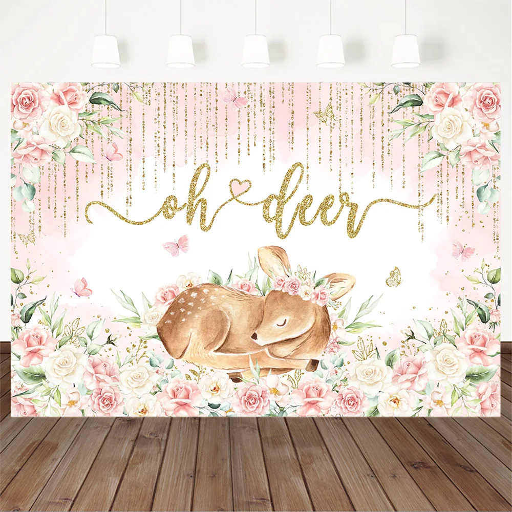 Oh Deer Bambi Baby Shower 1st Birthday Backdrop Sweet Pink Girls Butterfly Florals Decoration Background Gold Glitter Photobooth