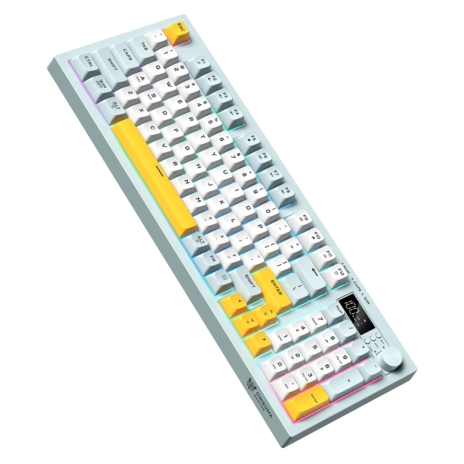 

Onikuma 2025 Новый G80 Трехрежимный проводной Bluetooth Беспроводная мембранная клавиатура Проставка Полная клавиша Горячая замена 94-клавишный электронный экран