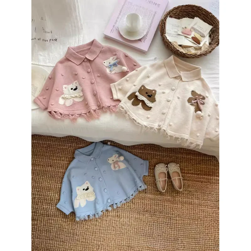 

South Korea Children's Clothing Girls' Baby Girls' Cute Cartoon Jacquard Tassel Knitted Cape Coat Loose Sweater Top